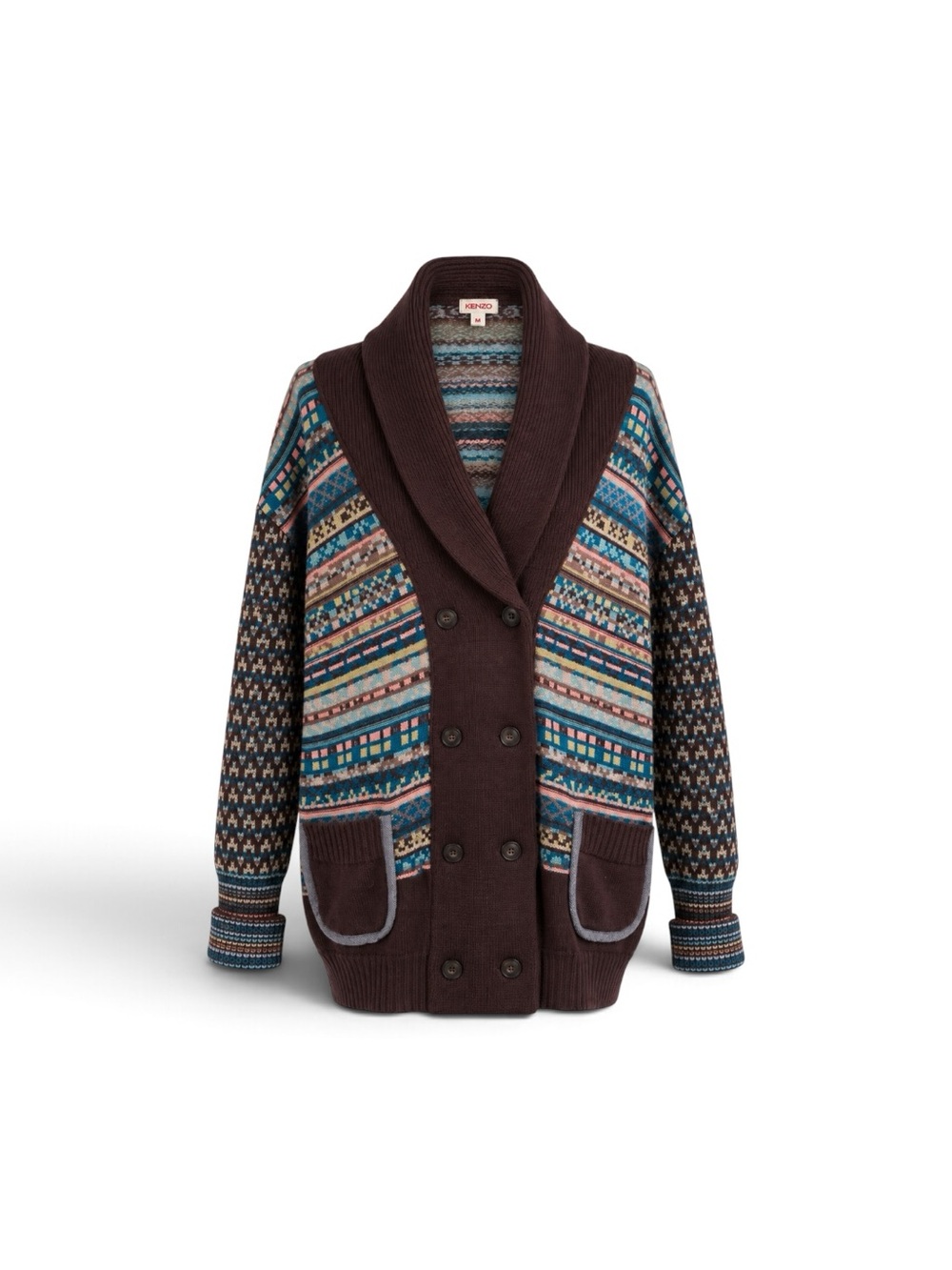 KENZO Multicolor Fair Isle Wool Alpaca Cardigan – Oversized Shawl Collar Size M